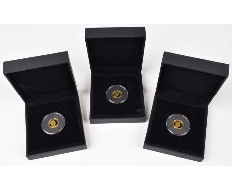 Three cased proof 2014 Isle of Man 30th Anniversary 1/10oz Gold Angel coins, each 16.5mm, weighing 3.11g, struck in 24 carat 