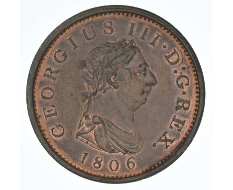 King George III, Penny, 1806, Fourth Issue, Soho Mint, Birmingham, Shorter haired, laureate and draped bust r. date below. R.