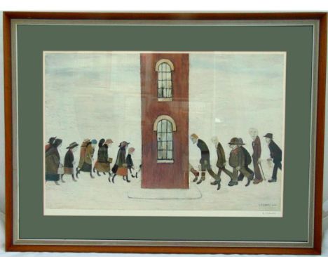 L.S. Lowry framed and glazed polychromatic print, signed bottom right and blind stamped bottom left titled The Meeting Point,