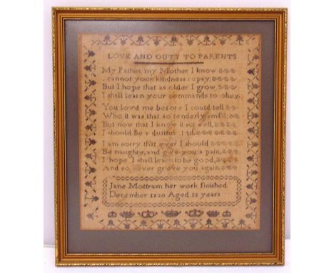 A framed and glazed sampler by Jane Mottram aged 12 years December 1820, 38 x 35cm