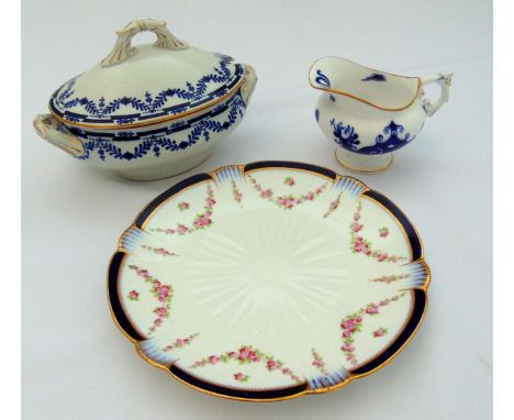 Royal Worcester blue and white oval sauce tureen and cover, a Royal Worcester blue and white cream jug and a Crescent China w