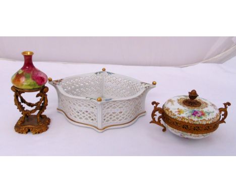 Wallendorf shaped oval lattice work dish, a French gilt metal mounted porcelain box and cover and a Limoges hand painted mini