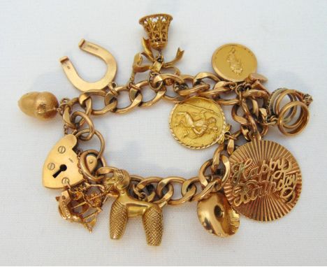 9ct gold charm bracelet with twelve charms and a padlock clasp, approx total weight 56.2g