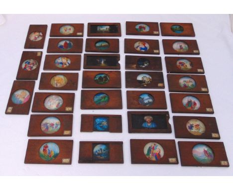 Thirty Victorian hand painted coloured projector slides mounted in wooden frames