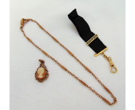 A quantity of gold jewellery to include a fancy link chain, a cameo pendant and a Victorian black satin and gold watch holder