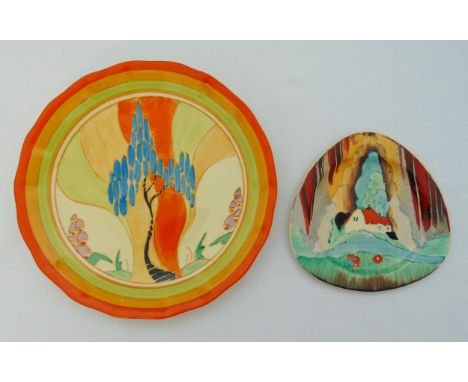 Clarice Cliff two pottery plates circa 1930 to include Bizarre Windbells plate 22.5cm (d) and Forest Glen triangular plate 14