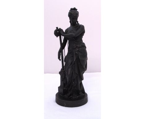 A classical spelter figurine of a lady with a harp on raised circular base, signed Bouret to the plinth, 40cm (h)