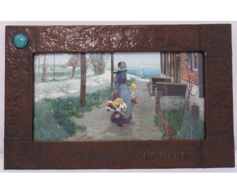 A Riuskin Arts and Crafts hand hammered picture frame, A Holland Morn, retailed by Liberty, image 25 x 48cm, frame 40.5 x 65c