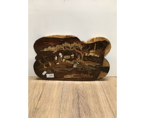 1 INDIAN INLAID WOOD FIGURE PANEL