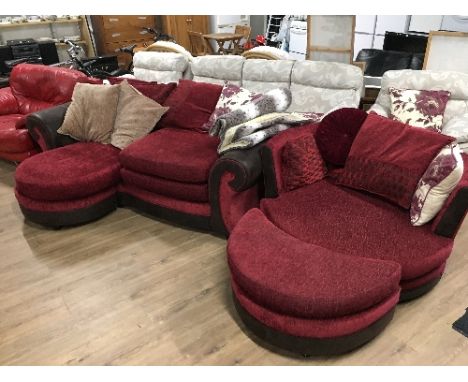 MODERN RED FABRIC AND SUEDE SOFA WITH POUFFE AND LOVE CHAIR