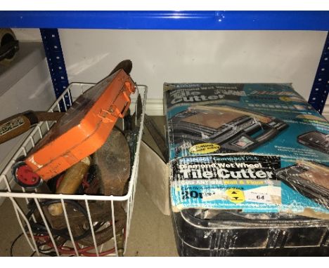 A TILE CUTTER AND BOX OF ASSORTED TOOLS