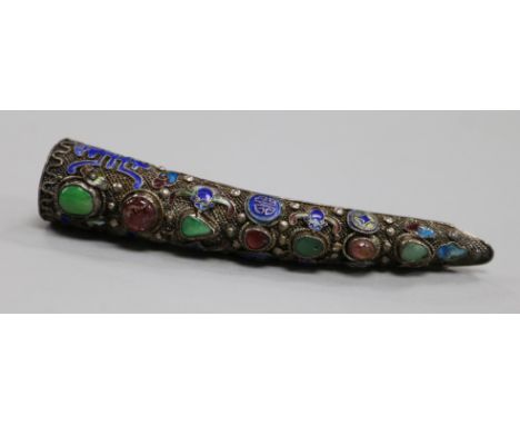 A late 19th/early 20th century Chinese silver filligree, enamel and gem set nail guard, now as a brooch, 86mm.
