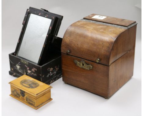 A Dutch musical decanter box, a Chinese lacquer box and a Mauchlineware box