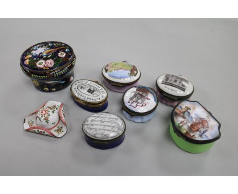A collection of 19th century and later enamel snuff and patch boxes,  and an enamelled model of a tricorn hat