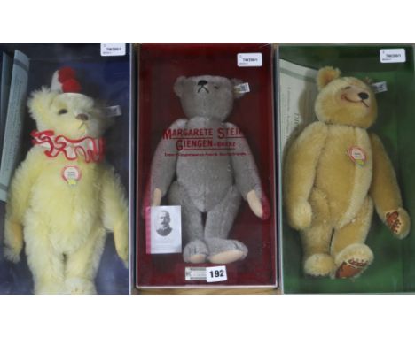 Three Margarete Steiff modern replica bears, boxed, including 1902 Bear, Dicky 1930 and Teddy-Clown