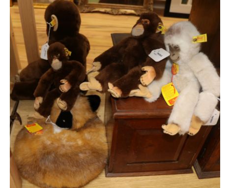 A Steiff 'Jocko' chimpanzee, 0022/52 and four other animals, including two small Jocko chimpanzees. 0022/26, a Hango monkey, 