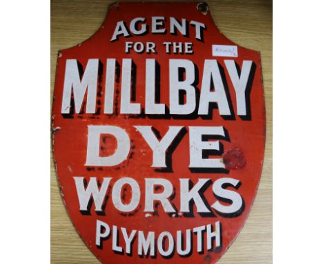 A Millbay Dye Works Plymouth enamel advertising sign height 56cm