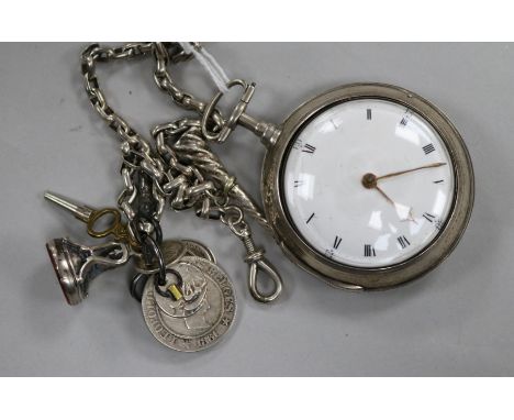 A silver pair case watch, on chain with fob seal etc.