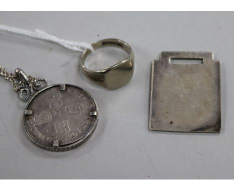 An 18ct white gold ring, a silver William III coin in pendant mount, on chain and a silver fob.