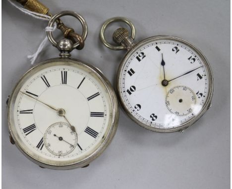 Two silver-cased open face pocket watches, both with subsidiary seconds, one dial a.f., with woven hair watch chain