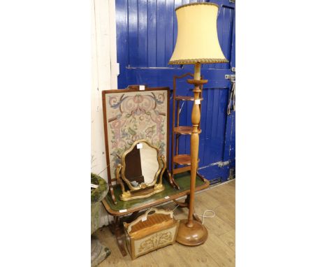 A gilt toilet mirror, a magazine rack, a cake stand, a standard lamp, a coffee table and a fire screen table W.91cm