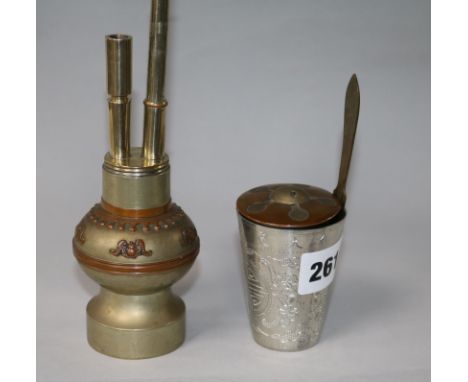 A Chinese nickel and copper travelling waterpipe, a scroll weight, a paperknife and a white metal beaker Pipe 30cm