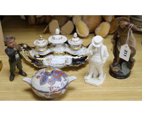 A Continental porcelain inkstand, a Royal Worcester figure, a Spode bowl and cover and two terracotta figures largest figure 