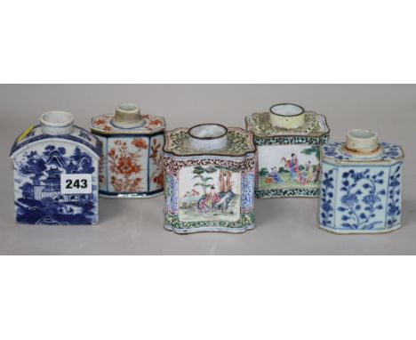 Two Chinese enamel tea caddies and three porcelain caddies largest 11cm