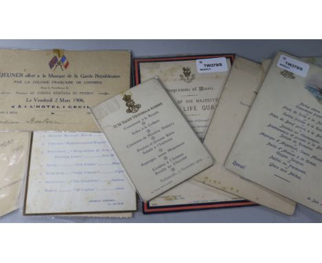 Royal and other ephemera, early 20th century, comprising three menu cards for H.M. Yacht Victoria & Albert, 1908, 1909 and 19