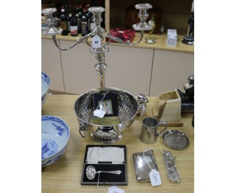 A two-branch plated candelabrum, an embossed plated punch bowl, a hip flask, a miniature portrait and sundries