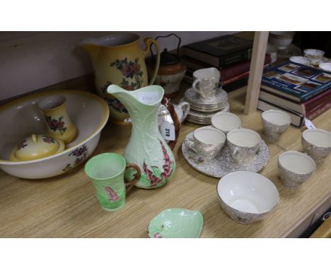 A Continental four piece wash set, three Carltonware pots and sundry ceramics