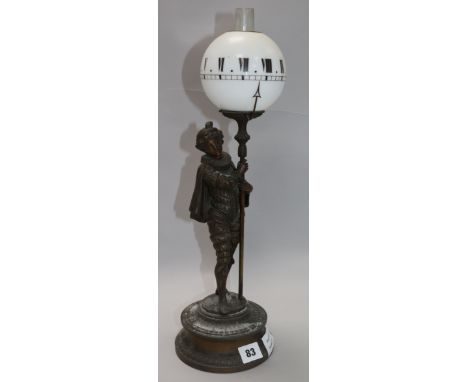 A late 19th century French bronzed spelter timepiece lamp H.45cm.