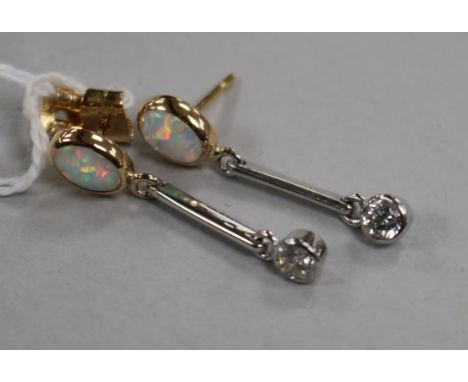 A pair of 18ct gold, white opal and diamond drop earrings, 29mm.