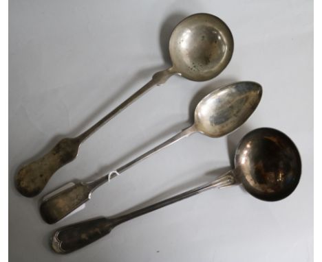 An Austro Hungarian silver basting spoon, a plated basting spoon and a Christofle plated soup ladle.