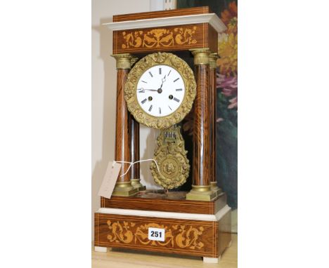 A 19th century French marquetry inlaid rosewood portico clock 45cm