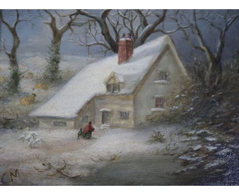 C M, 19th century oil on panel, cottage in a winter landscape, initialled, 14 x 19cm