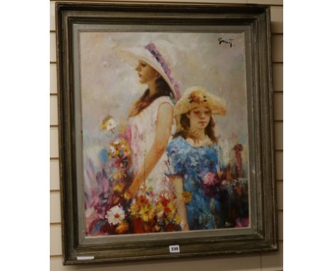Alan Crisp, oil on canvas laid on board, portrait of two women and flowers, signed, 64 x 53cm