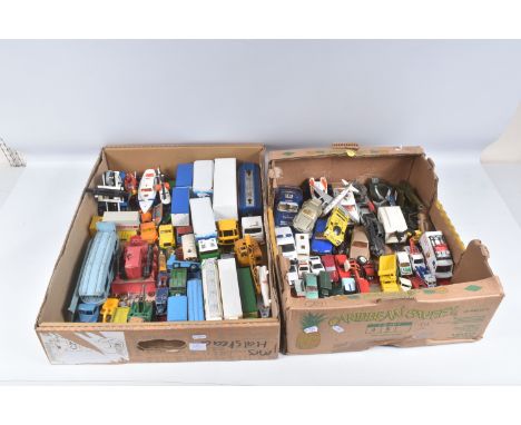A QUANTITY OF UNBOXED AND ASSORTED PLAYWORN DIECAST VEHICLES, to include Corgi Toys Thunderbird Missile &amp; Loading Trolley