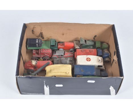 A QUANTITY OF UNBOXED PLAYWORN TRI-ANG MINIC TINPLATE CLOCKWORK &amp; OTHER TINPLATE AND DIECAST VEHICLES, to include postwar