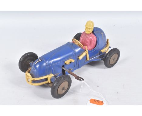 A METAL AND PLASTIC CLOCKWORK MIDGET RACING CAR, steel chassis, axles and wheel hubs with plastic body and rubber tyres, appe