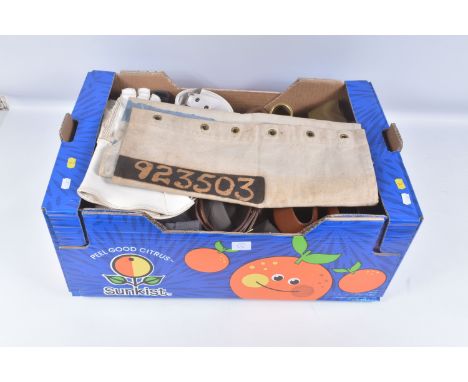 LARGE BOX CONTAINING ITEMS OF MILITARIA AS FOLLOWS, Drab Green large Mosquito net, DPM Camo Trousers, 100% Gore-Tex, Large Sa