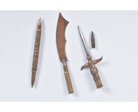 FOUR SMALL ITEMS OF WWI TRENCH ART, these include a curved knife with an inert bullet handle, a small trench art dagger with 