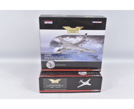 TWO BOXED CORGI AVIATION 1:144 SCALE MODEL VICKERS VALIANT B.Mk.1 MILITARY AIRCRAFTS, the first a RAF Luqa, Malta, Suez Crisi
