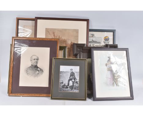 A SMALL COLLECTION OF MILITARY THEMED PRINTS, comprising a signed Muirhead Bone print of a Highland Officer, Muirhead Bone's 