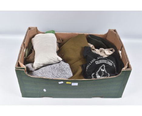 LARGE BOX CONTAINING VARIOUS MILITARY ITEMS AS FOLLOWS, DPM Helmet cover, Warm weather Combat trousers, 4 pairs of No 2 dress