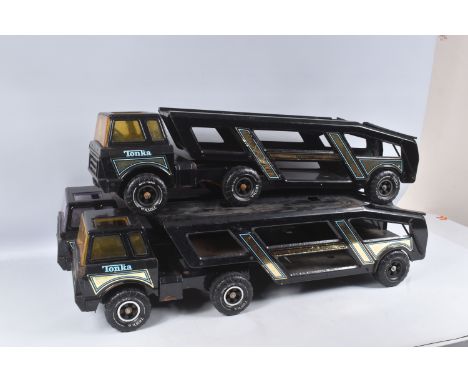 THREE MIGHTY TONKA TOYS ARTICULATED CAR CARRIERS/TRANSPORTERS, all in black livery and with working trailer rear ramps, no ca