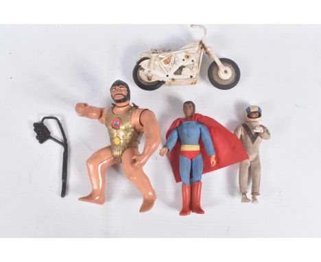 THREE VINTAGE TOY FIGURES, the first a 1974 Mego 8   Superman figure, missing S from, overall good condition but clothing dir