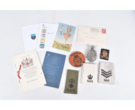PLASTIC ENVELOPE, CONTAINING MILITARY ITEMS/ephemera as follows, 2 pairs of slide on white SAS rank shoulder flashes, togethe