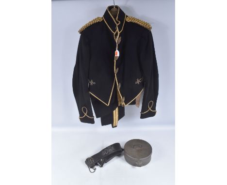 A PRE WWI MILITARY TUNIC AND TROUSERS WITH MATCHING HAT AND BELT with whistle attached, the jacket has a fully lined interior
