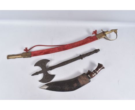 A KUKRI STYLE KNIFE, AN INDIAN SWORD AND A HEAVY MEDIEVAL STYLE AXE, the Kukri comes in a sheaf that has split but the two sm